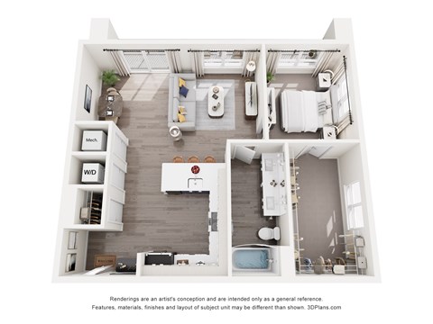 Floor plan for 1 bed, 1 bath, 990 sqft